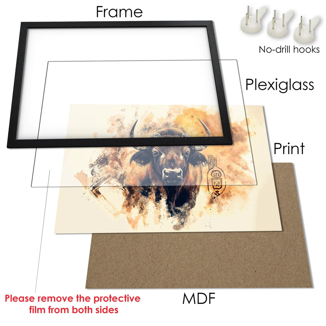 Framed Poster featuring a bison in watercolor style with warm earth tones. Add a touch of wildlife art to your home!