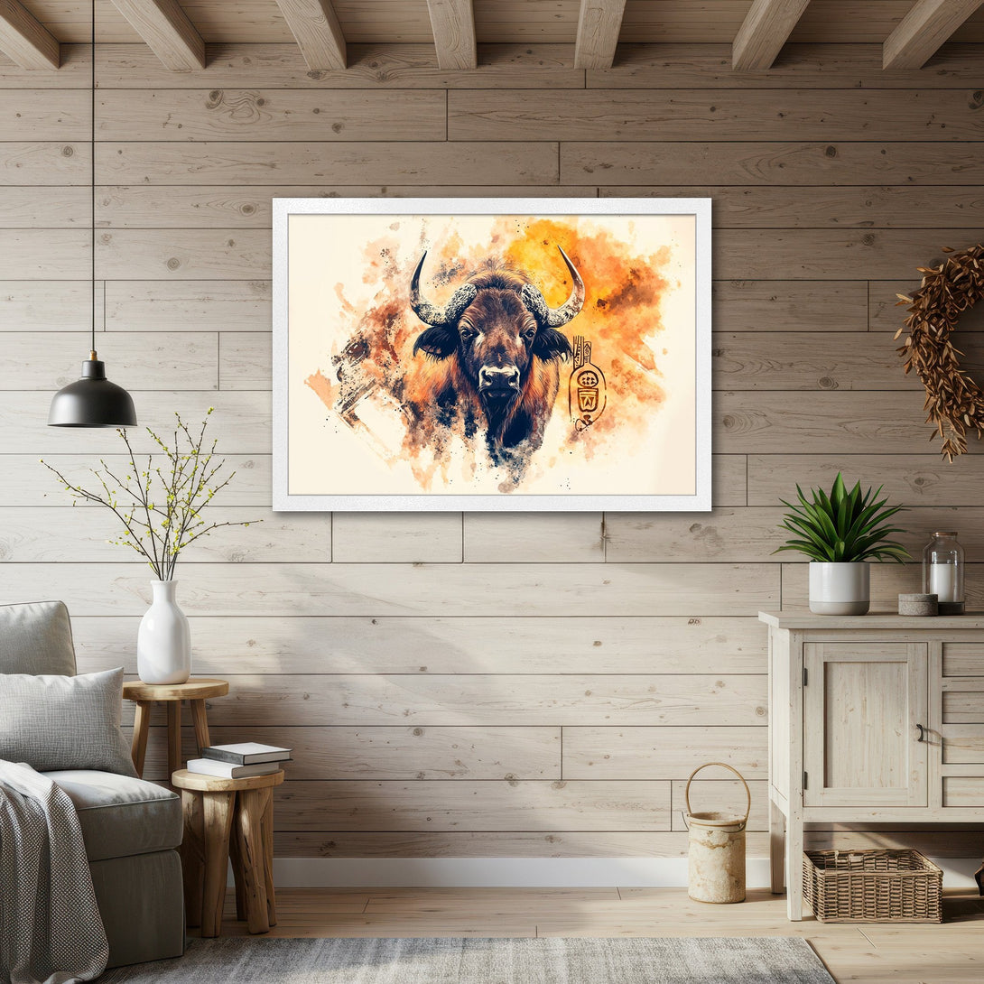 Framed Poster featuring a watercolor style bull with warm orange and brown tones. Perfect wall art for a rustic home.