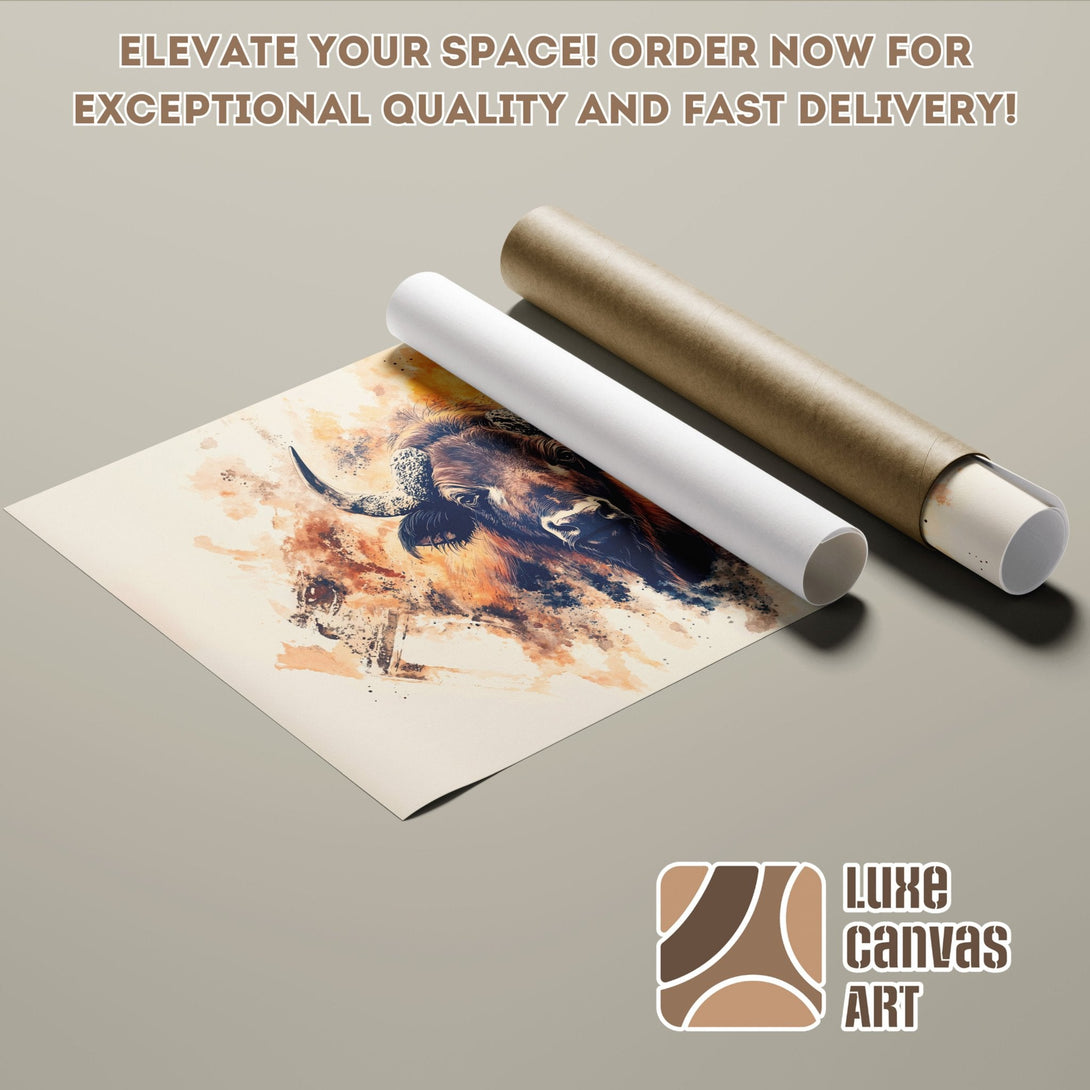 Poster Roll featuring a watercolor-style bison in warm earth tones. Elevate your space with Luxe Canvas Art!