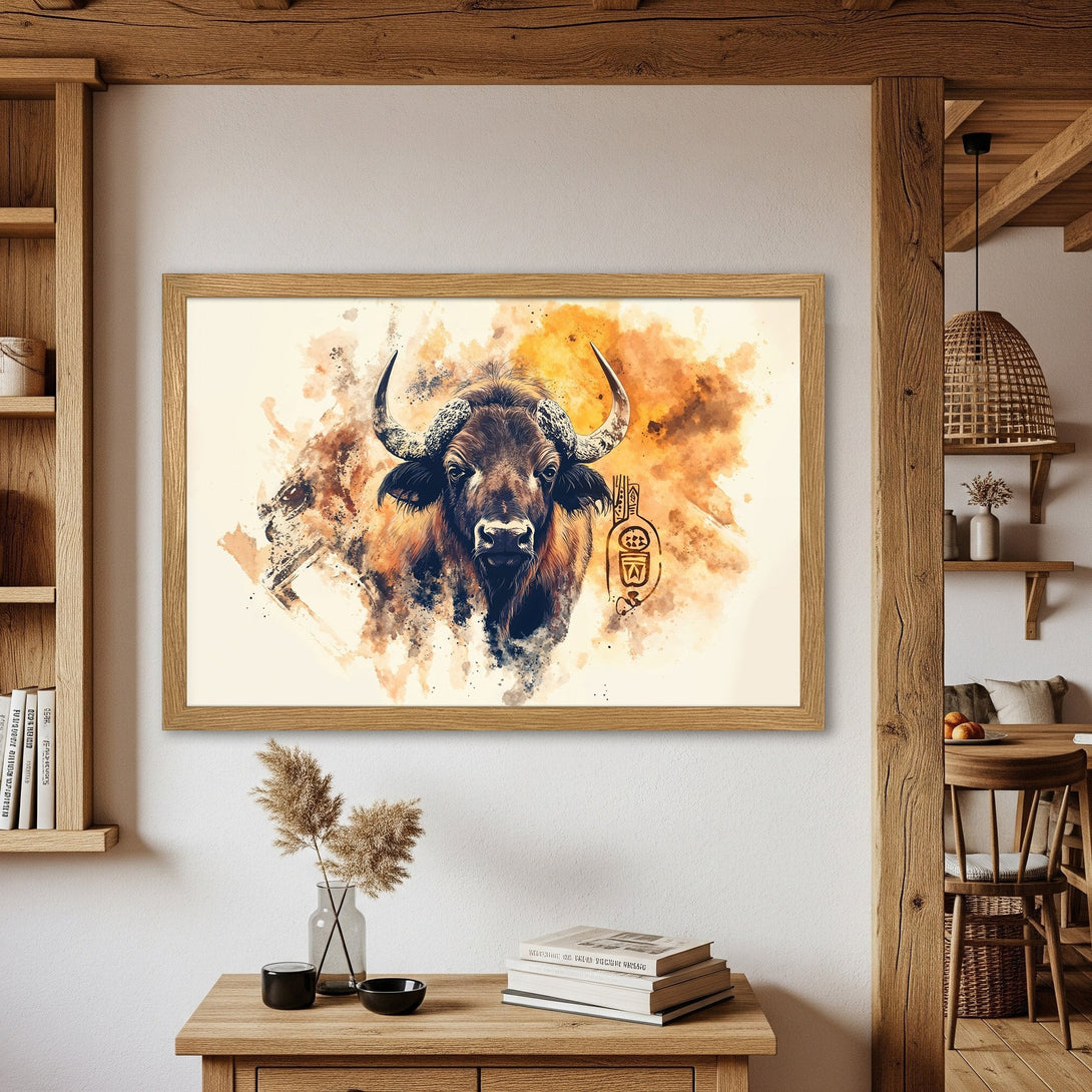 Framed Poster featuring a watercolor bison art print. Earthy tones of brown, beige, and orange create a rustic, artistic style. Perfect wall decor!