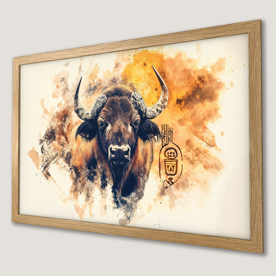 Framed Poster featuring a watercolor bison artwork in warm earth tones. Perfect wall art!