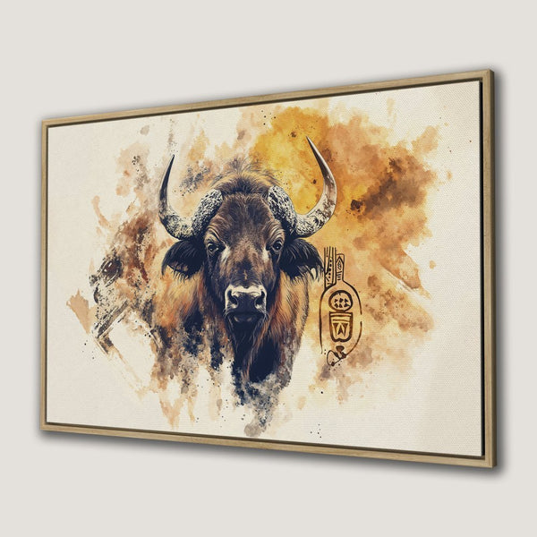 Canvas Print featuring a watercolor bison in warm earth tones. Rustic wall art for a stylish home.