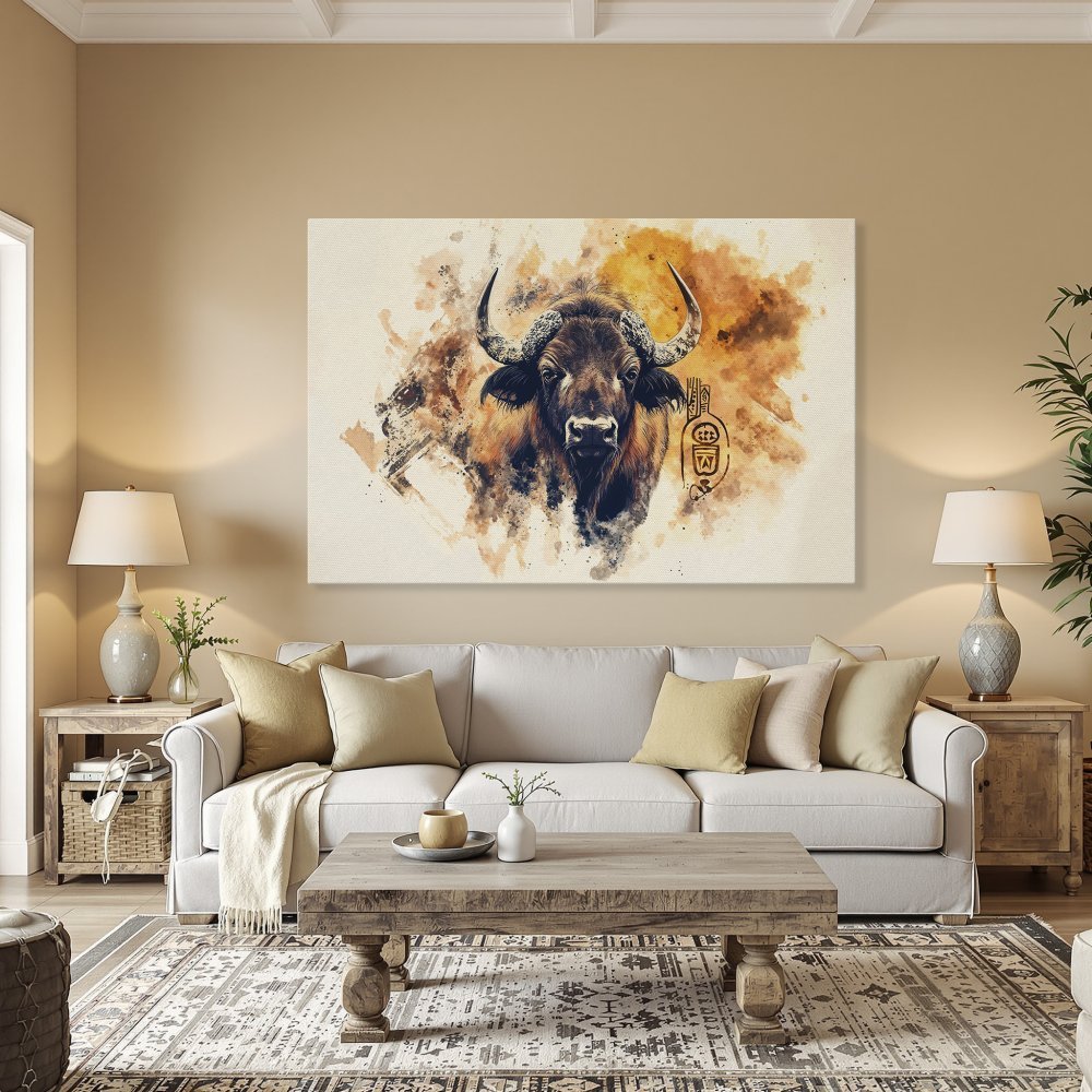 Framed Wall Art: Majestic bison watercolor print in warm orange & brown tones. Perfect statement piece for your home decor. Shop now!