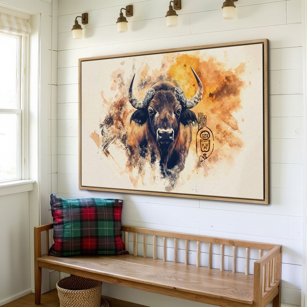 Framed Wall Art: Watercolor bison print in warm earth tones. Rustic decor for a cozy home. Shop now!