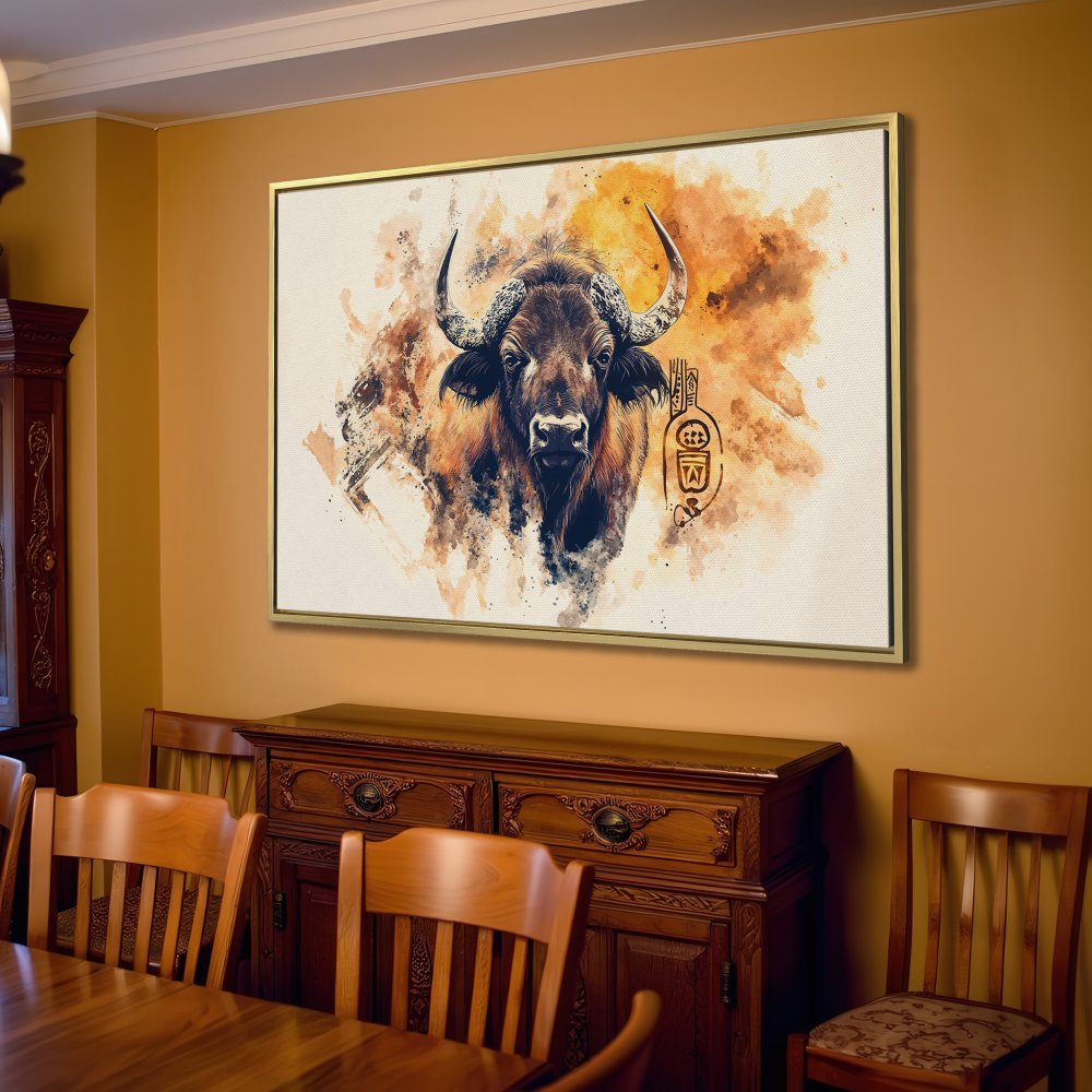 Canvas Print: Watercolor bull art in warm brown and gold tones, perfect for living room decor.