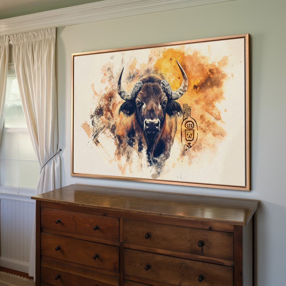 Framed Wall Art: Majestic bison watercolor print in warm earth tones. Elevate your space with this stunning canvas print!