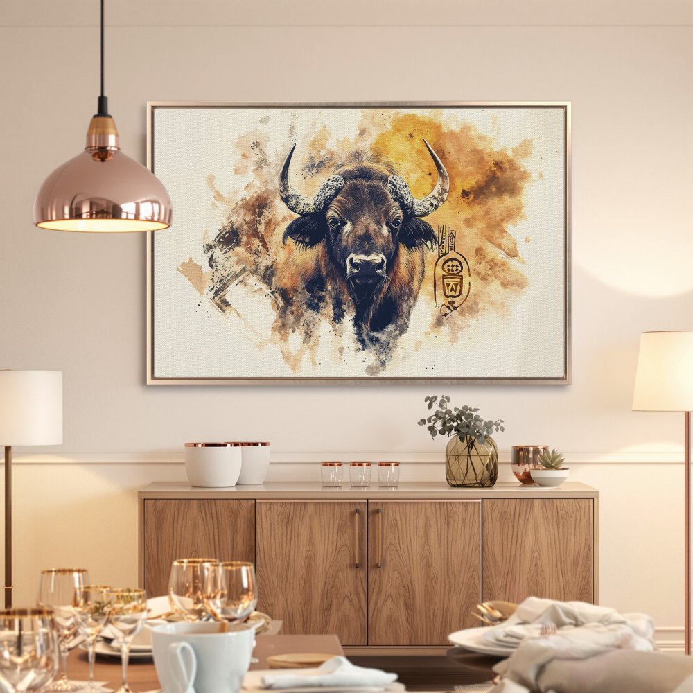 Framed Wall Art: Majestic bull watercolor Canvas Print in warm earth tones. Elevate your home decor with this stunning artwork!