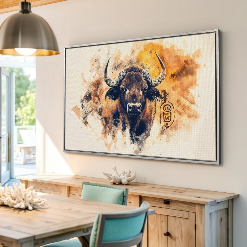 Framed Wall Art: Watercolor bison print in warm earth tones. Add a touch of rustic elegance to your space with this stunning canvas print.
