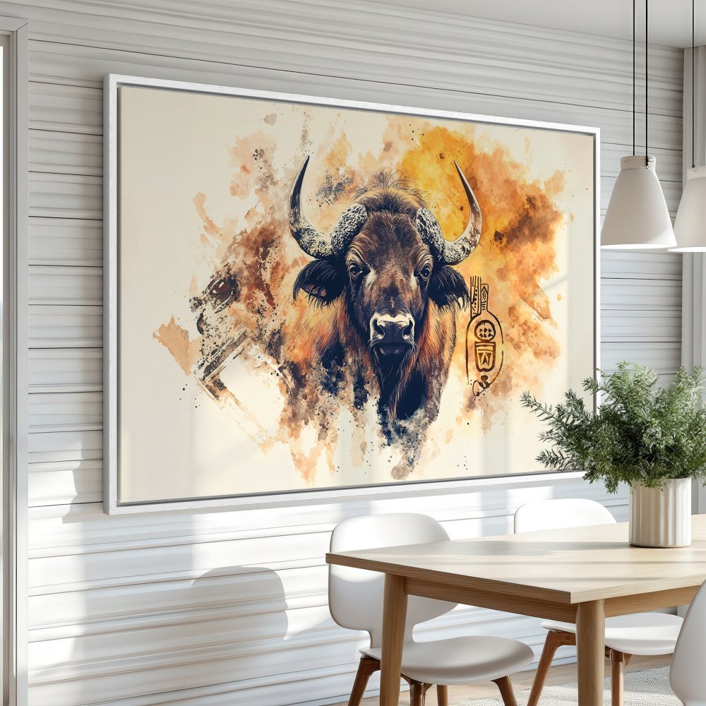 Framed Wall Art: Watercolor bison print in warm earth tones. Add a touch of nature & style to your home decor with this stunning canvas print.