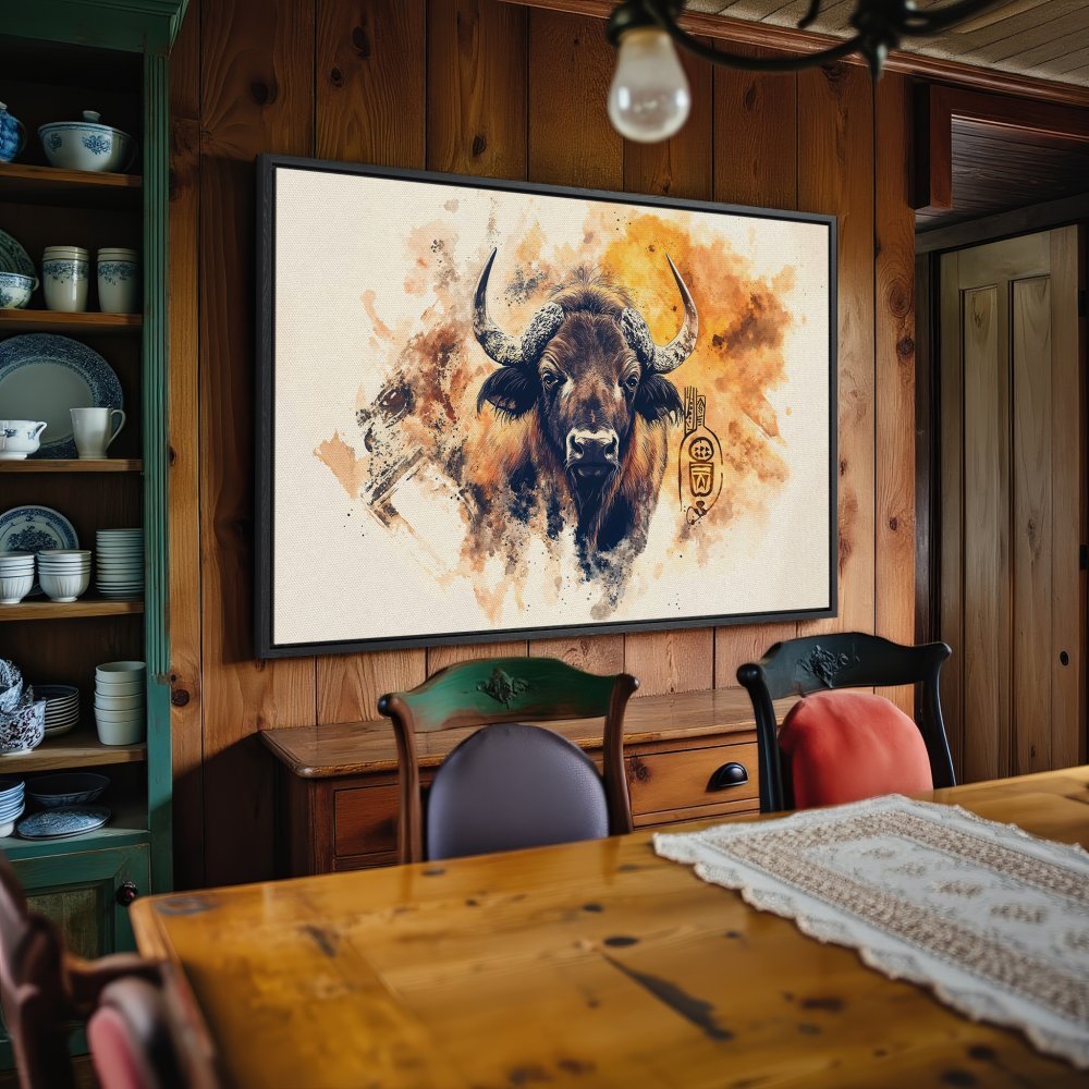 Framed Wall Art: Watercolor bison print in warm earth tones. Rustic decor for your home. Shop now!