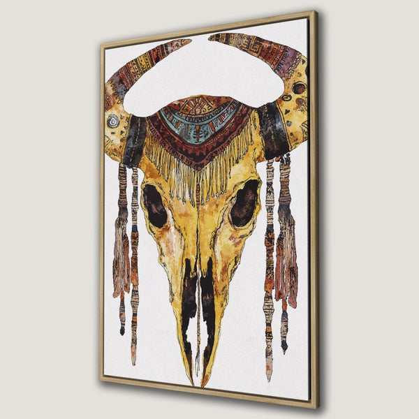 Boho Canvas Print: Watercolor skull art with warm yellow, brown, and blue tones. Perfect framed wall art for a rustic, southwestern vibe.