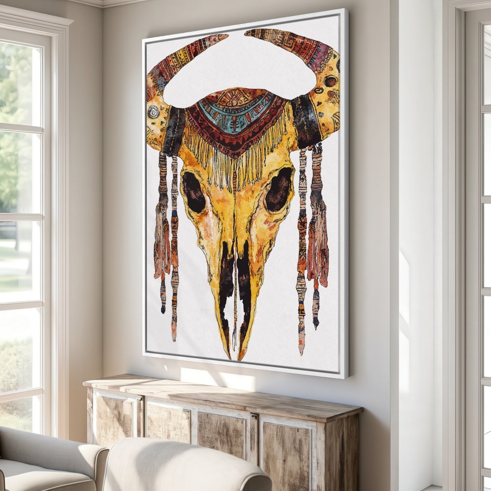Canvas Print of a watercolor bull skull. Bohemian style art with warm yellow, orange, and brown tones. Perfect for rustic home decor.