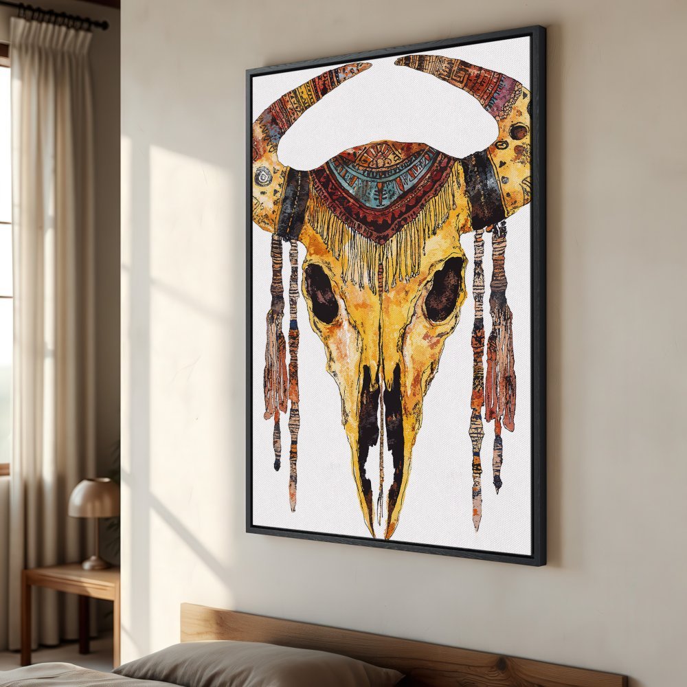 Framed Wall Art: Watercolor bull skull in warm yellow, brown, and teal tones. Boho style Canvas Print adds unique art to your home decor.