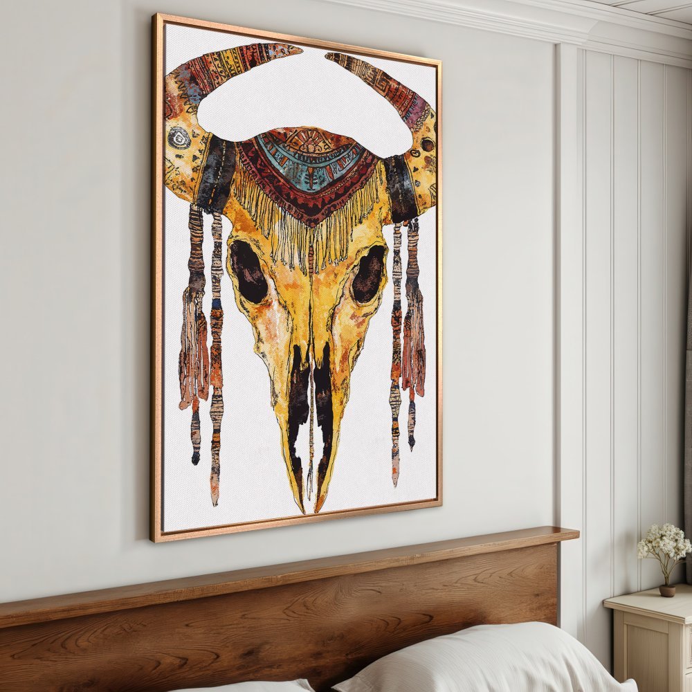 Framed Wall Art: Watercolor cow skull print in warm yellow, brown, and blue hues. Boho style canvas art for a unique home decor statement.