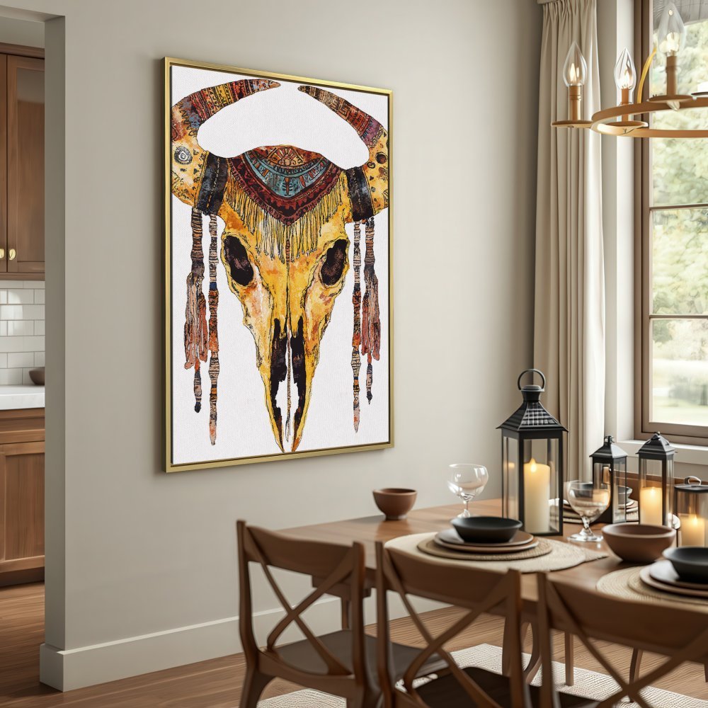 Canvas Print of a watercolor bull skull in boho style, featuring warm yellow and brown tones, perfect wall art for your home.