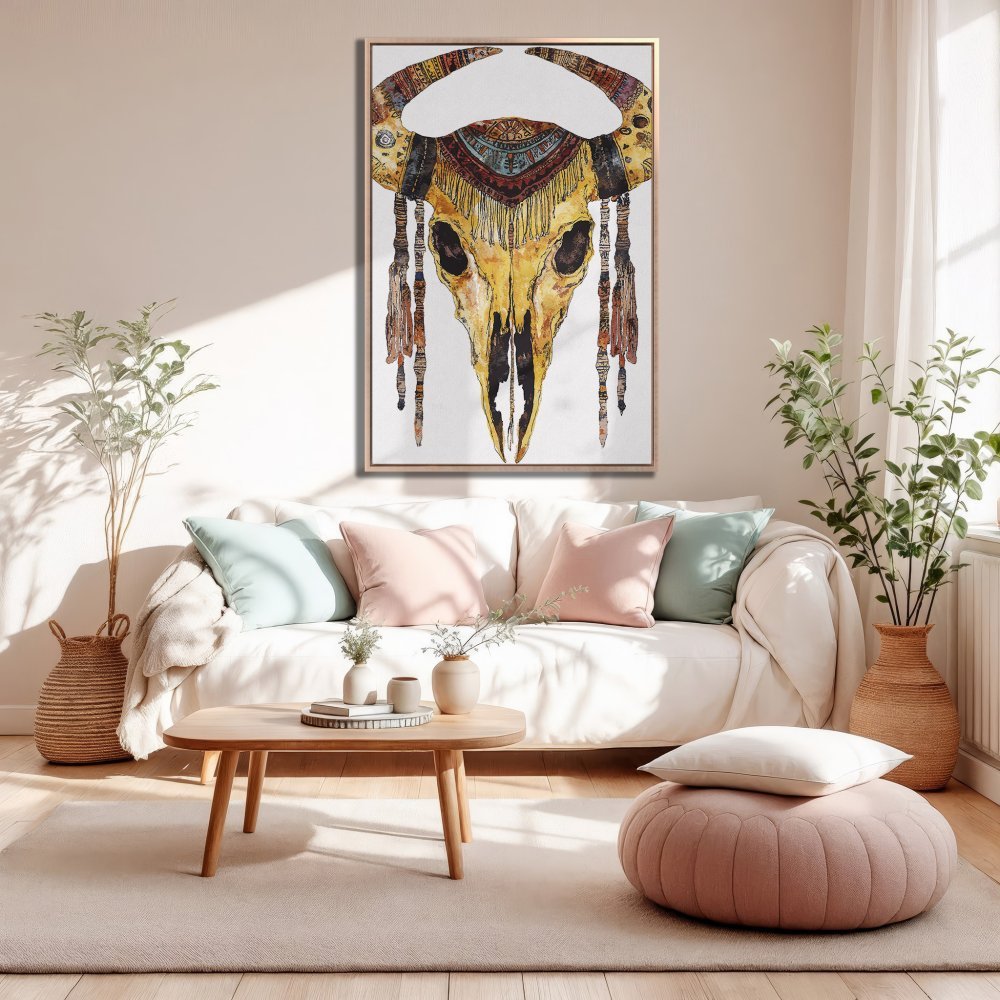 Framed Wall Art: Watercolor bull skull in boho style, warm yellow & earthy tones. Perfect for living room decor.