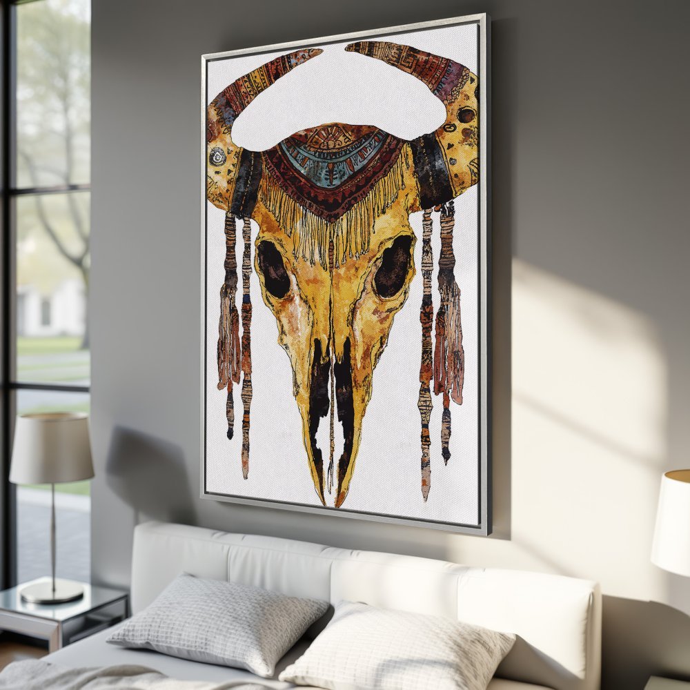 Framed Wall Art: Watercolor bull skull canvas print in boho style, featuring a warm yellow and earth-tone color palette, perfect for bedroom decor.