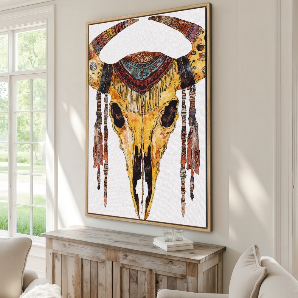 Framed Wall Art: Watercolor canvas print of a tribal skull in warm yellow, orange, and brown tones. Adds bohemian style to any space.