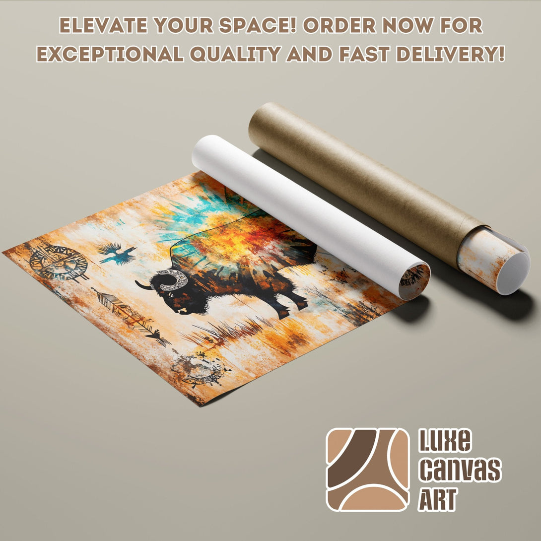 Poster Roll featuring a bison in a Native American style, with warm earth tones and vibrant blues.