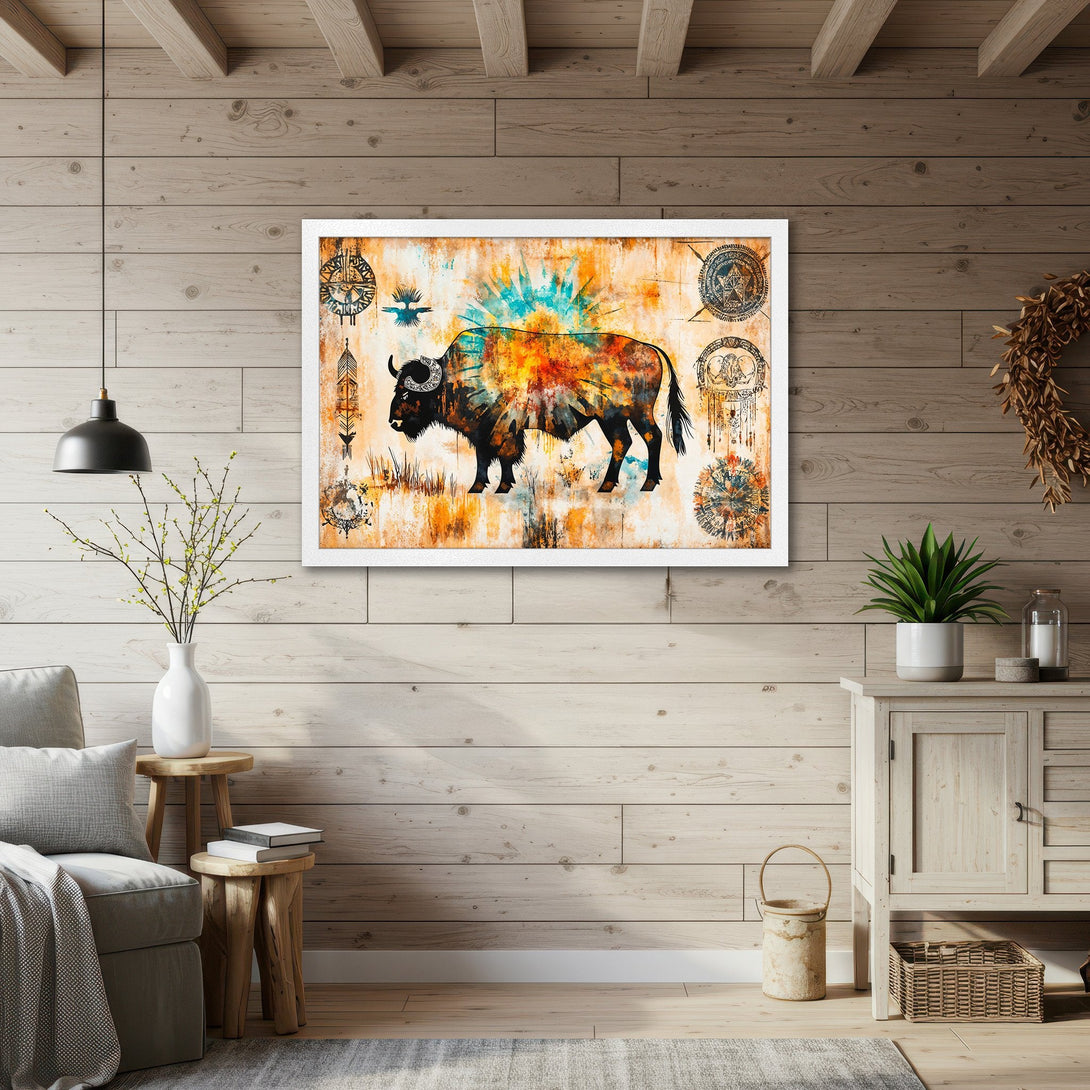 Framed Poster featuring a vibrant bison illustration in a watercolor style, with warm orange, yellow, and blue tones. Perfect wall art!