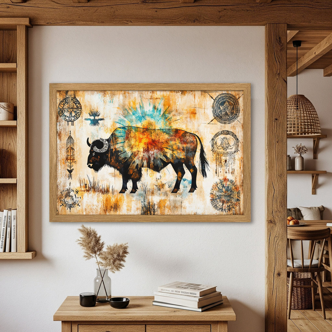 Framed Poster featuring a vibrant buffalo illustration in a rustic, watercolor style with warm, earthy tones. Add a touch of nature to your space!