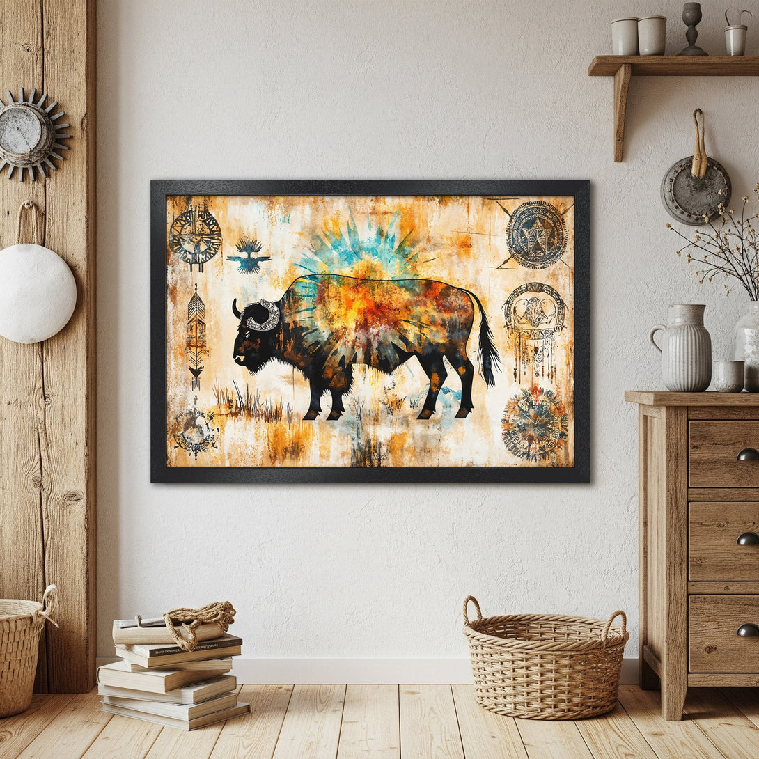 Framed Poster featuring a bison in a watercolor style, with a warm, earthy color palette. Perfect for rustic decor.