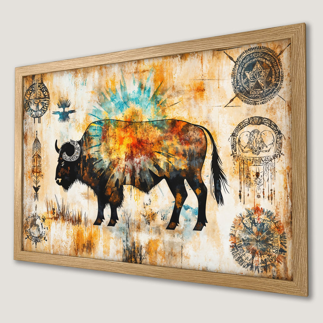 Framed Poster featuring a bison in a watercolor style with an earthy color palette. Perfect wall art for your home!