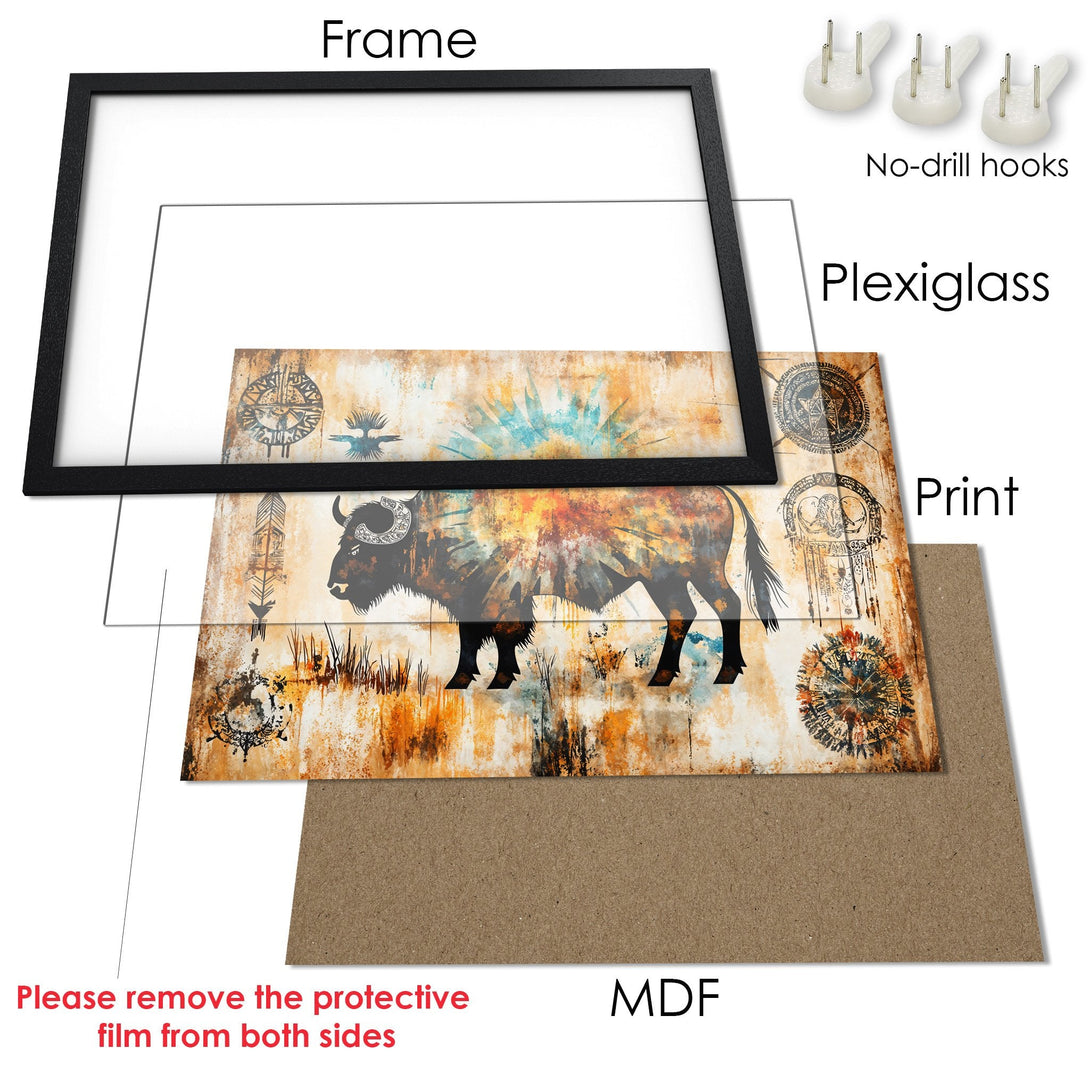 Framed Poster featuring a bison in a rustic, artistic style with warm earth tones and blue accents. Perfect wall art!