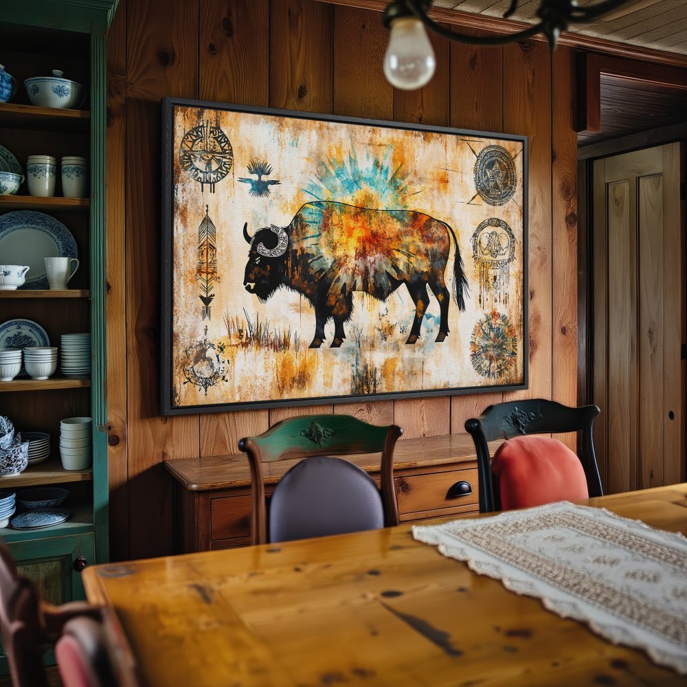 Framed Wall Art: Colorful bison art canvas print in a rustic interior. Earth tones and vibrant accents bring a touch of nature to your home.