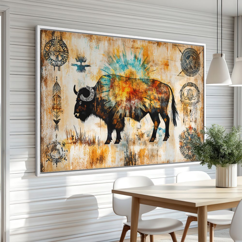 Framed Wall Art: Bison canvas print in warm, earthy tones. Rustic, abstract style with pops of orange, blue, and black. Perfect for your home decor!