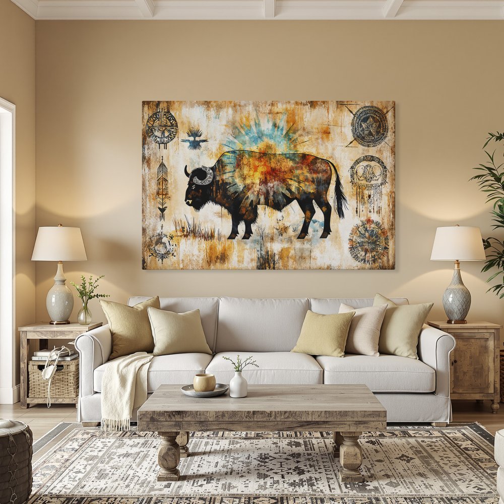 Framed Wall Art: Majestic bison art print in vibrant watercolor style. Earthy tones with pops of color, perfect for rustic home decor.