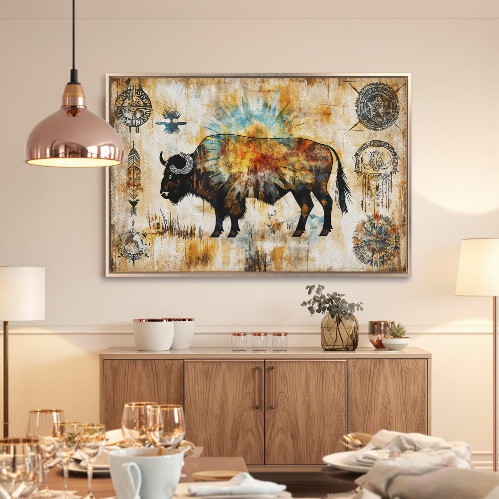 Framed Wall Art: Bison canvas print in rustic style, featuring warm earth tones and a touch of blue. Perfect for adding a touch of nature to your home!