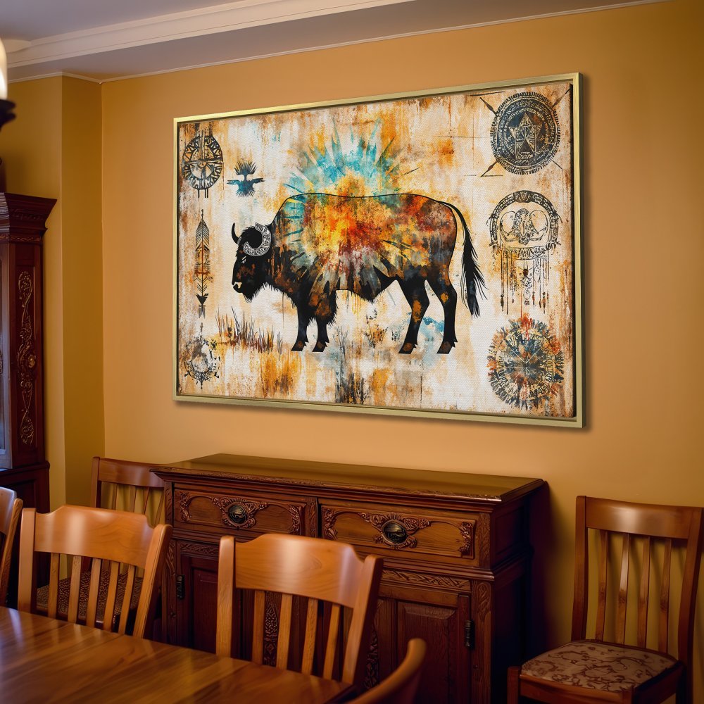 Canvas Print featuring a vibrant bison in earthy tones. Add a touch of rustic charm to your home with this stunning artwork!