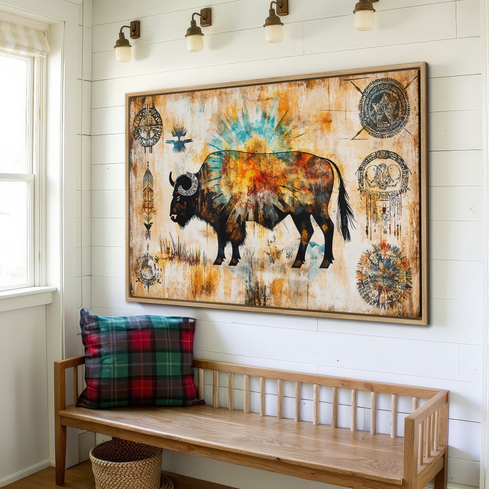 Framed Wall Art: Colorful buffalo canvas print in warm tones. Rustic, boho style artwork perfect for any home.