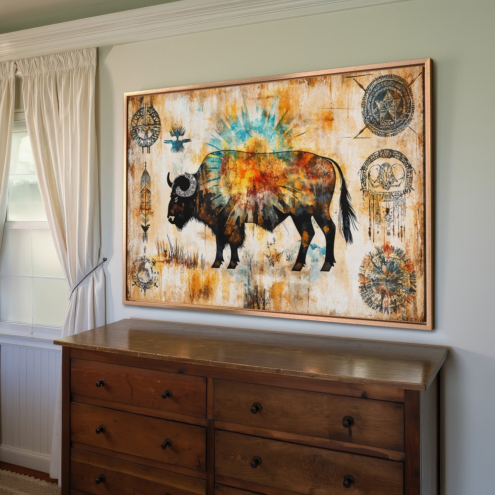 Framed Wall Art featuring a vibrant bison illustration in warm, earthy tones. Perfect for adding a touch of bohemian style to your home.