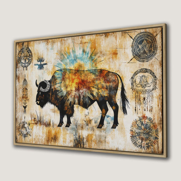 Framed Wall Art: Majestic bison canvas print in warm earth tones. Rustic, boho style art for your home. Shop now!
