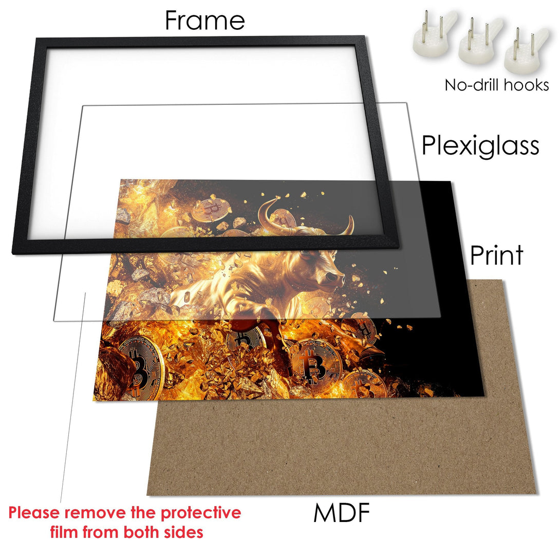 Framed Poster featuring a golden bull and Bitcoin, a modern, dynamic design with a warm, fiery color palette.