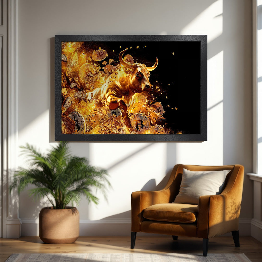 Framed Poster featuring a golden bull with Bitcoin coins, in a dynamic, fiery style. Warm gold and black color palette. Perfect wall art!