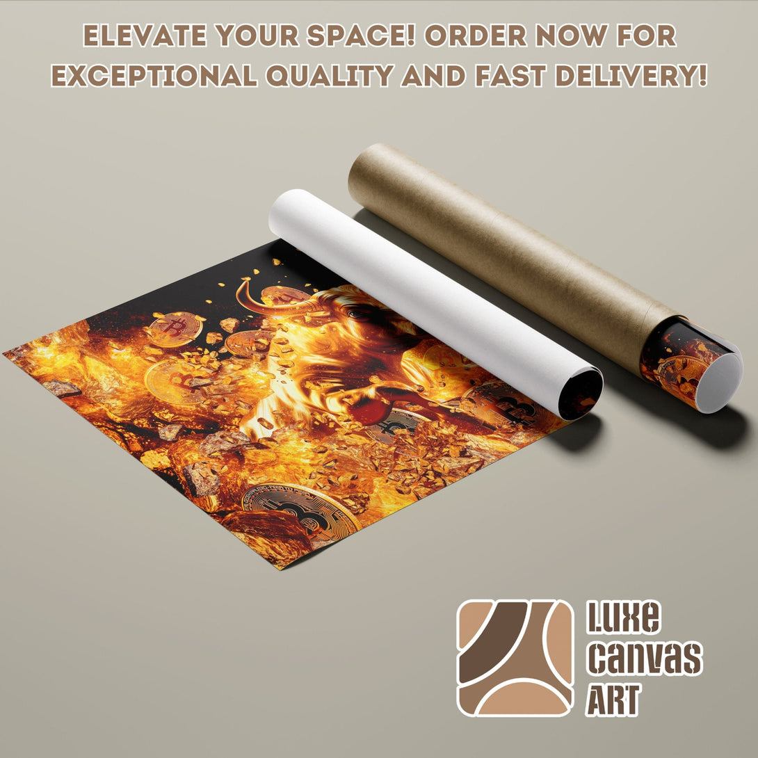 Bitcoin Poster Roll with fiery bull design. Bold art in warm gold and black tones. Order yours today!