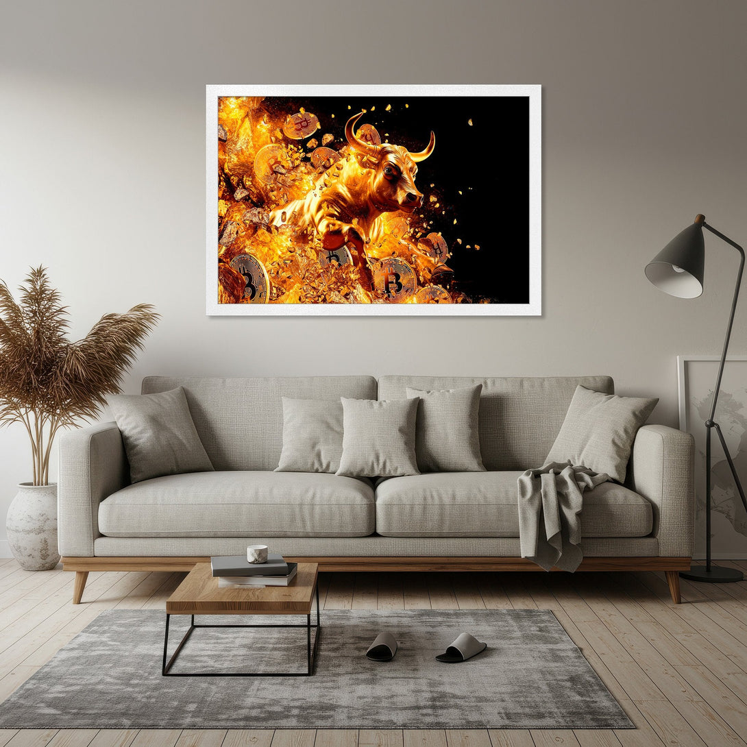 Framed Poster featuring a fiery bull and Bitcoin coins. Modern art style with a warm, golden color palette. Perfect for crypto enthusiasts!
