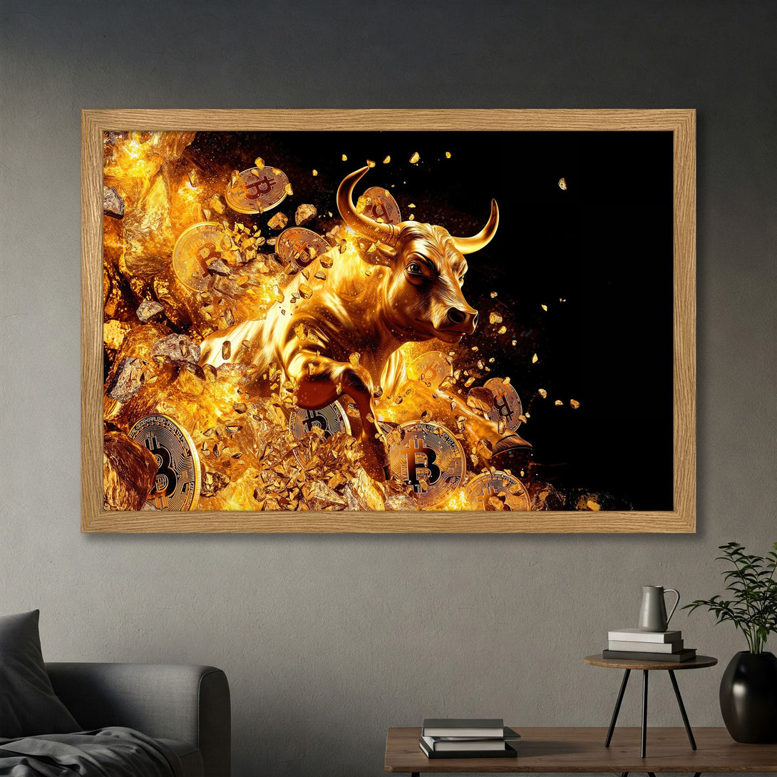 Framed Poster featuring a golden bull with Bitcoin coins, dynamic style, and a fiery gold and black color palette.