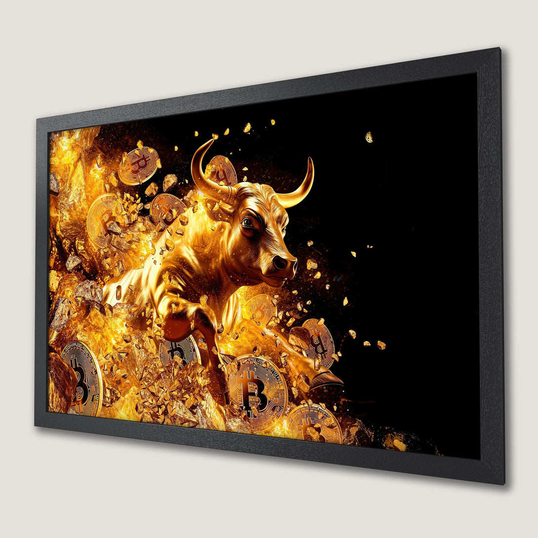Framed Poster featuring a golden bull and Bitcoin coins, dynamic style with fiery gold and black color palette. Perfect crypto art.
