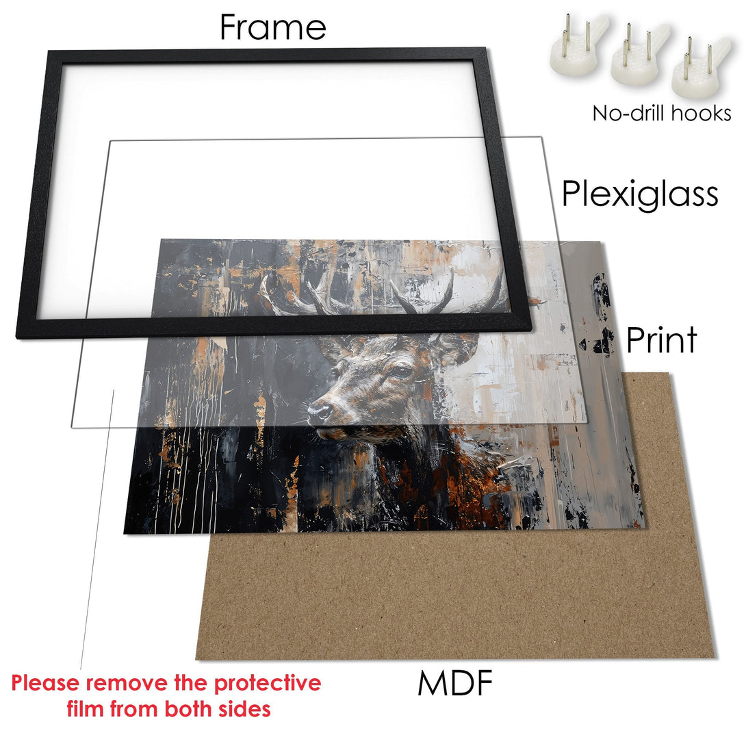 Framed Poster featuring a deer in an abstract style with a black, gray, and brown color palette. Add artistic flair to your space!