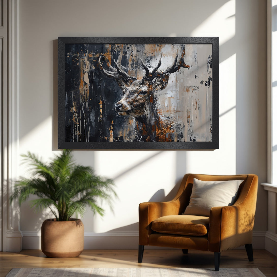 Framed Poster featuring an abstract deer painting in black, white, and gold tones. Enhance your home decor with this stunning artwork.