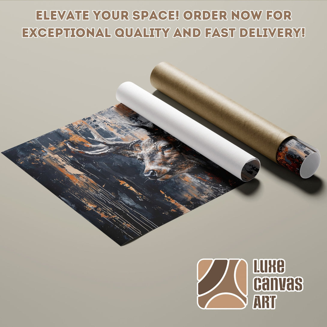 Abstract deer art Poster Roll in black, orange, and neutral tones. Elevate your space!