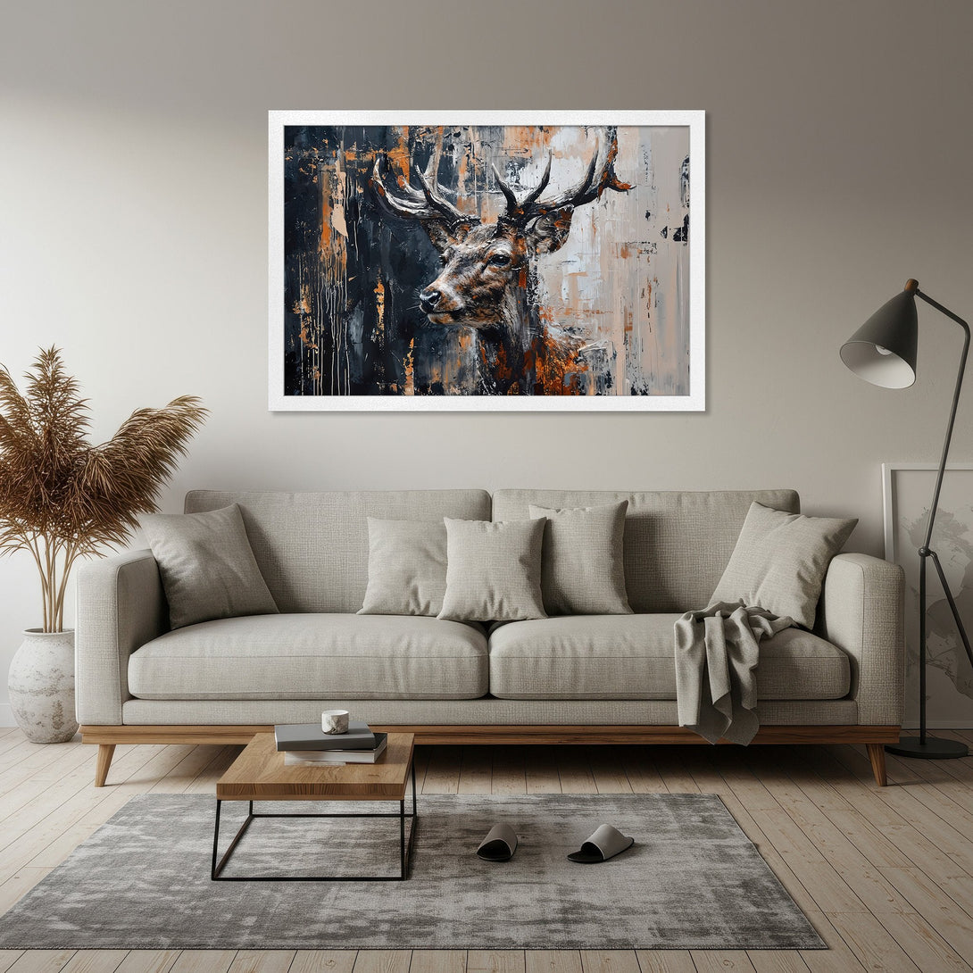 Framed Poster of a majestic deer in abstract style. Features a neutral color palette with black, orange, and white tones. Perfect wall art.