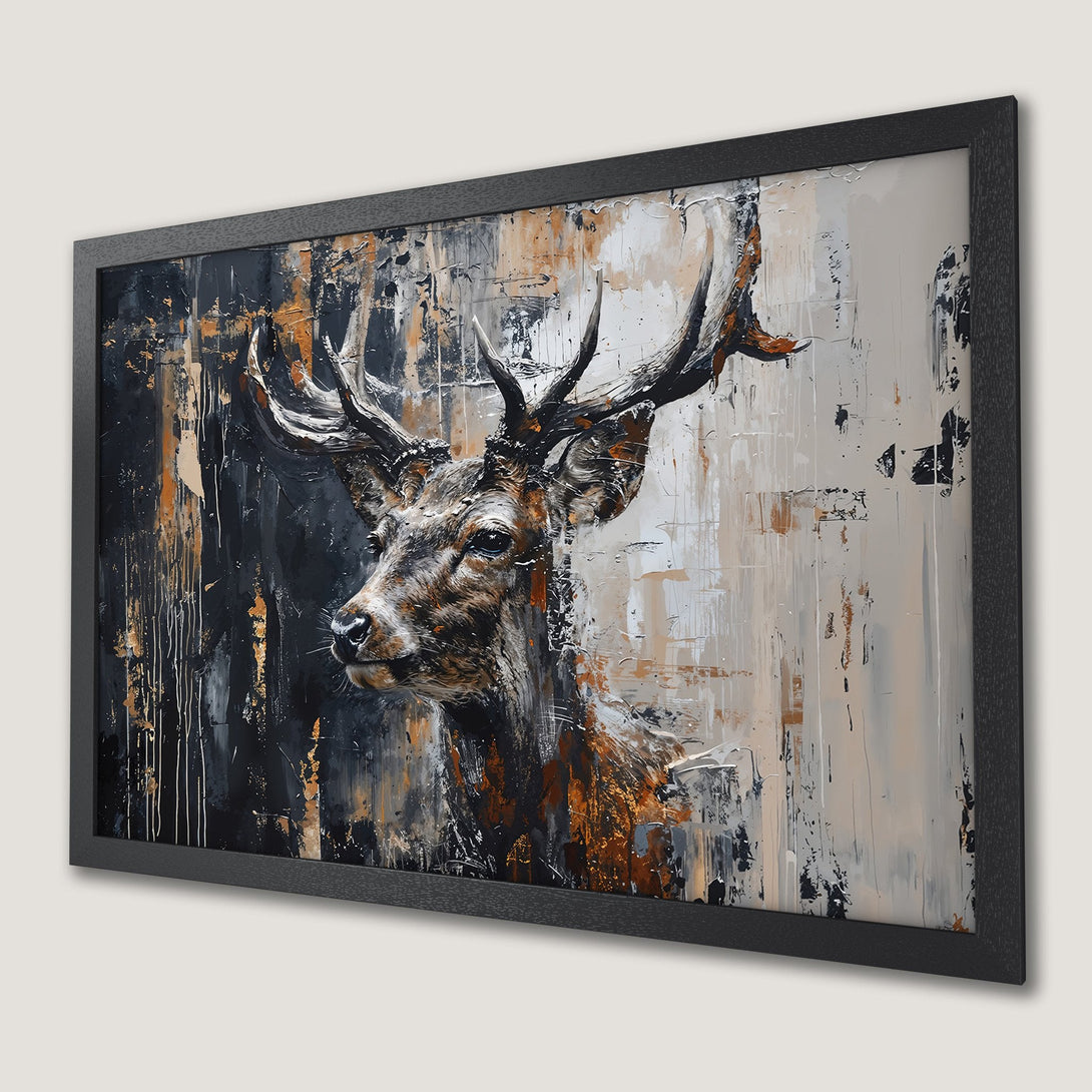 Framed Poster featuring an abstract deer painting in a black, white, and gold color palette. Modern art for your home!