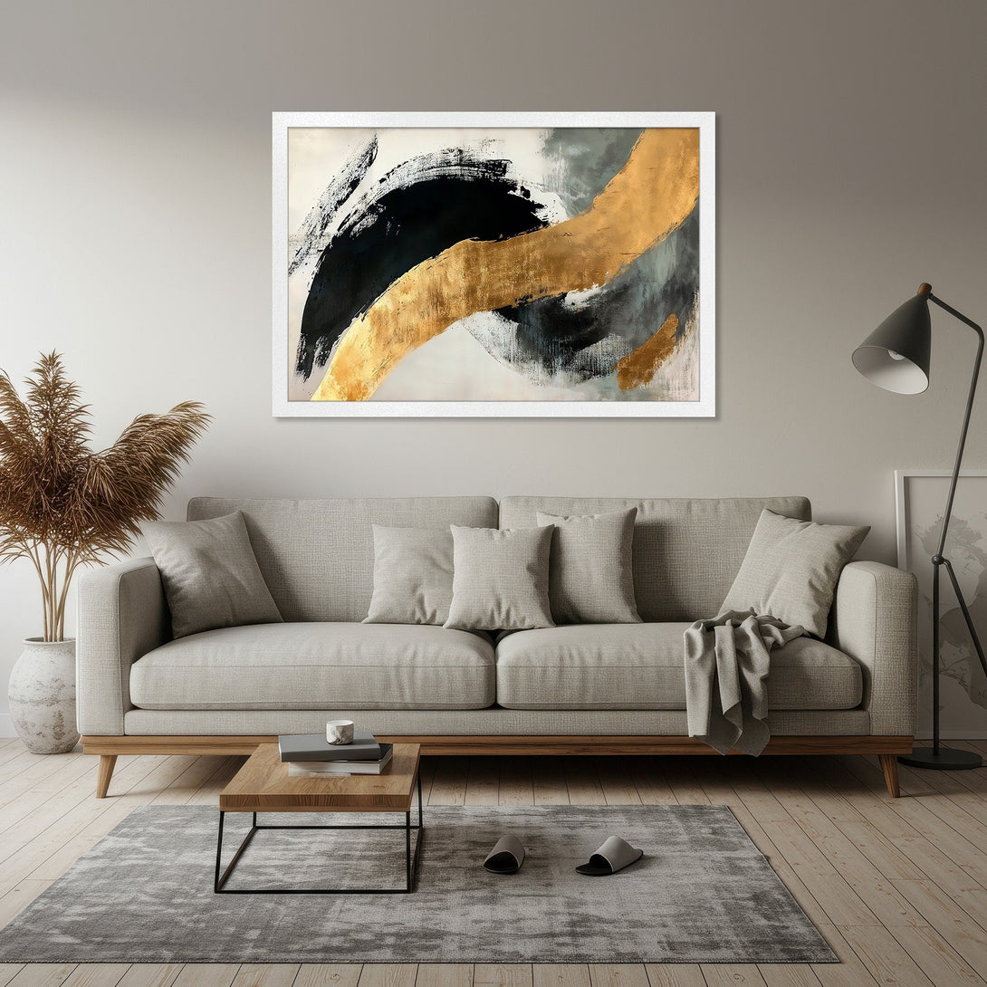 Framed Poster featuring abstract brushstrokes in black, gold, and gray. Modern art print perfect for living room decor.