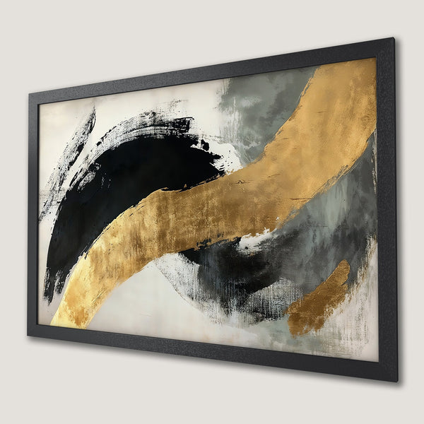 Framed Poster: Abstract art with gold, black, and gray brushstrokes. Modern wall decor for your home.
