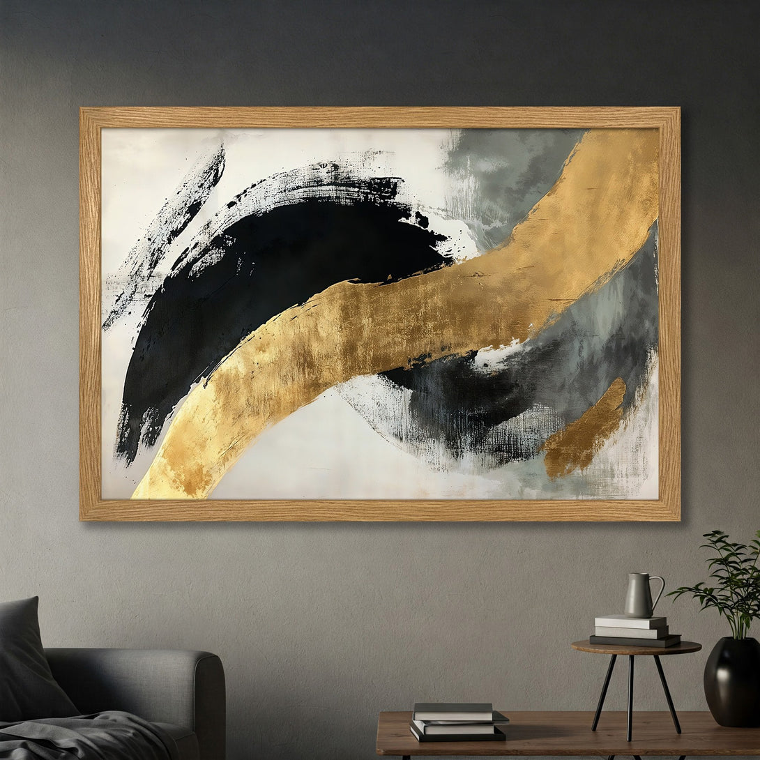 Framed Poster featuring abstract art with black, gold, and gray brushstrokes. Modern style art print perfect for home decor.